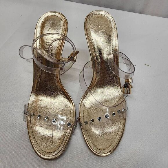 Schutz Size 5 B Glasy Gold Metallic Transparent Heel Sandals M - Picture 7 of 10
